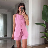 Fongt Summer New Women's Buttons Solid-Colored Broad Leg Pants Temperament Commut Fashion Set
