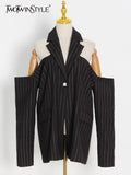 Striped Cut Out Jacket For Women Notched Collar Long Sleeve Off Shoulder Jackets Female Fashion Clothing Style
