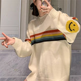 Fongt Stripe Smiling Face Long Sleeve Sweater Female Autumn Dong New Style Retro Lazy Wind Loose Head Round Collar Knit Top-Outfit