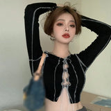 Women Lace Up Bandage Long Sleeve Crop Top Contrast Stitch Patchwork Pastel Mall Goth Emo Alt Y2k Girl Sexy Tee T Shirt-Outfit