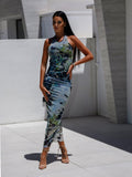 Fongt Summer New Women's Wear Elegant U-Neck Print Neck Dress D2427-Outfit