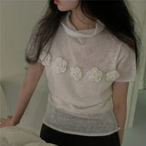 Floral Patchwork Ropa Mujer Half High Collar Tops Short Sleeve T Shirt Korean Chic Camisetas Summer Knitted Clothes Women-Outfit