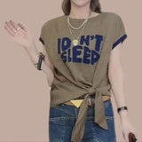 Sleeve Casual Broken Flowers Letter Printed Pullovers Women's Clothing Stylish Bandage Bow Summer O-Neck Spliced T-shirt-Outfit