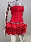 Red Lace Up Corset And 3d Flower Mini Skirt Two-Piece Set-Outfit