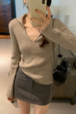 Lapel Folded Into Solid Color Long-Sleeved Knitted Sweater A New Style V-Collar Underwear In Autumn And