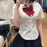 Slim Fit Bow Short Sleeve Jk White Sjhirts Women+ Y2k E-Girl High Waist Ruched Skirts 2024 Summer New Two Piece Sets-Outfit