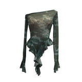 Millennial Y2k Babes Oblique Shoulder Thin Mesh Print Top Irregular Lotus Leaf Side Ribbon Short T-Shirt