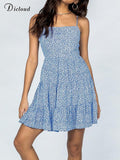 Beach Sexy Summer Dresses For Women 2022 Blue Floral Backless Lace Up Tiered Tank Vestido Casual Sweet Girl Party