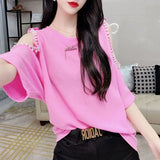 Clothing Sexy Off Shoulder Cut Out Pullovers Fashion Solid Color All-match Summer Chic Diamonds Beading O-Neck T-shirt-Outfit