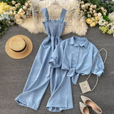 Fongt Wind Two Sets Of 2025 New Sling Folded Wide Leg Jumpsuit + Straight Short Sleeve Open-Sleeved Shirt Shirt Female Trend