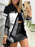 Fongt Spring And Autumn New Black Coat Long Sleeve Button Color Printing Clip Commuter Temperament Advanced Sensing Suit Woman