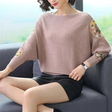 Embroidery Batwing Sleeve O-Neck Spring Sweaters Women Casual Loose Knitted Pullovers Large Size Knitwear Tops