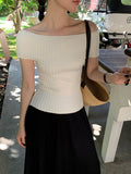 Fongt Xixi 2025 Spring And Summer New One-Word Collars Bottom Knitted Short-Sleeved T-Shirt Women's Top 25217