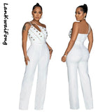 Leisure Party Women's Pants Slim Fit One Shoulder Off Back Solid Color Beaded Sexy Elegant Jumpsuit-Outfit