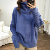 Lazy Wind Foreign Style High Collar Sweater Female Autumn Winter Versatile Show Thin Casual Soft Waxy Sweater Jacket-Outfit