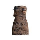 Fongt Fashion Fall 2024 New Multi-Bag Stitching Sexy Strapless Wrap Hip Short Denim Dress-Outfit