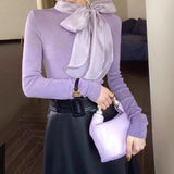 Fongt Design With Bow Temperament Elegant Knitted Shirt Autumn And Winter New Rich Gold Feeling Thin Top