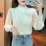 Fongt Shot Plus Velvet Winter New Sweet Standing Collar Pearl Splicing Decorative Jacket Design Sense Bubble Sleeve Shirt-Outfit
