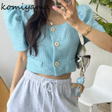 Ropa Mujer Puff Short Sleeve Chaqueta Mujeres Square Collar Jacket Woman Single Breasted Jackets Spring Summer Outwears-Outfit
