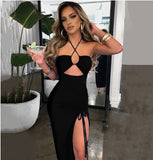Fongt Sexy Hot Girl High Slit Wrinkle Hang Neck Type Temperament Show Chest