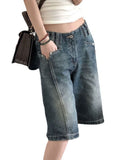Fongt Vibe Retro Wash Do Old Denim Shorts Female High Street Popular Logo Design Sense Loose Straight Five Cent Medium Pants-Outfit