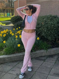 Knit Zipper Hodded Top And Pants Set-Outfit