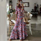 Fongt Summer New Women's Wear Temperament Holiday V Collar Print Large Place Long Dress-Outfit