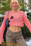 Hollow Out Cropped Knit Sweater Women Fairy Grunge Long Sleeve Top Vintage Loose Distressed Crochet Pullovers Cover-up