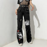 New Street Style Cool Wind Design Feeling Printed Metal Button Denim Pendant Trousers-Outfit