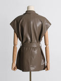 Fongt 2024 New Fashion Retro Handsome Lapel Belt Waist Show Thin Pu Vest Long Folded Vest-Outfit