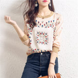 Fongt 2023 New Print Satin Knit Long Sleeve Splicing Women's Overtop Thin Casual Elastic Sweater-Outfit