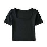 Solid Color Square Neckline Navel Women's Short Sleeves Summer High Waist Thin T-Shirt Cotton Large Neckline Slim Blouse-Outfit