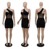 Glitter Sequins Mini Dresses for Women Party Night One Shoulder Cut Out Sheer Mesh Patchwork Bodycon Club Dresses Backless-Outfit