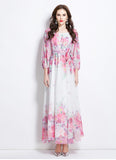 Fongt Holiday Style Dress 2025 New One-Word Shoulder Strap With Waist Lantern Sleeve Print Chiffon Long Dress Woman