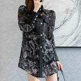 Printed Stylish Leather Patchwork Blouse Women's Clothing Elegant Chic Single-breasted Spring Autumn New Polo-Neck Shirt-Outfit