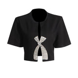 Fongt Summer New Set Diamond Sequin Bow Design Sense Short-Sleeved T-Shirt Women's Niche Design Sense Short Jacket-Outfit