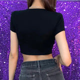 Diamonds Patchwork Vintage Slim T-shirt Women Short Sleeve Summer Contrast Harajuku Cropped Tops Cotton Basic Tee
