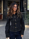 Fongt Water-Washed Denim Shirt Coat Split Design Design Display Waist Line Long-Sleeved Casual Women's Top