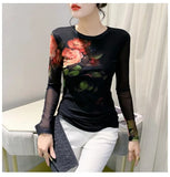 Autumn Winter Double-Layer Mesh T-shirt Female Printing Positioning Flower Long Sleeved Round Neck Slim Top FF0923-Outfit