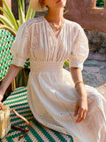 Fongt New White Dress Women's Bubble Sleeve French Embroidery Design Sense Windy Resort Women's