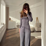 Fongt Summer New Women's Round Neck Solid Color Wide Leg Pants Temperament Commut Fashion Set