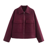 Fongt Women's Explosive Retro Fashion Simple Collar Big Pocket Zipper Wool Coat