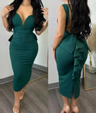 Fongt Temperament Elegant Solid Color Wrap Hip Dew Back Deep V High Waist Bow Stretch Slit