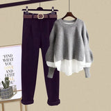 Women Pullover Knitted Patchwork Tops And Tweed Long Pants Sets Spring Female Two Piece Set Korean Casual Women Outfits