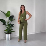 Fongt Women's Temperament Elegant Solid Color V-Neck Sleeveless Vest High-Rise Broad Leg Trousers Set