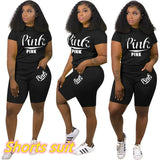 Summer Tracksuit Set Pink Letter Print Top + Biker Shorts Suits Bodycon Casual Two Piece Set Sport Outfits