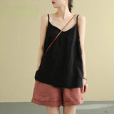 Women's Tank Top Loose Cotton Linen Spaghetti Strap Camis Solid V Neck Casual Fashion Black Summer Tops Vintage