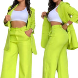 Fongt Women's Temperament Elegant Solid Color Open Slit Sleeve Lapel Suit Bag Straight Pants