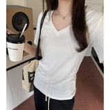 White V-Collar Casual Short-Sleeved T-Shirt Women's New Summer Design Niche Shoulder