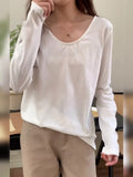 T-Shirt Women's Long-Sleeved Undershirt Cotton Loose Open Collarbone U-Collar Blouse-Outfit